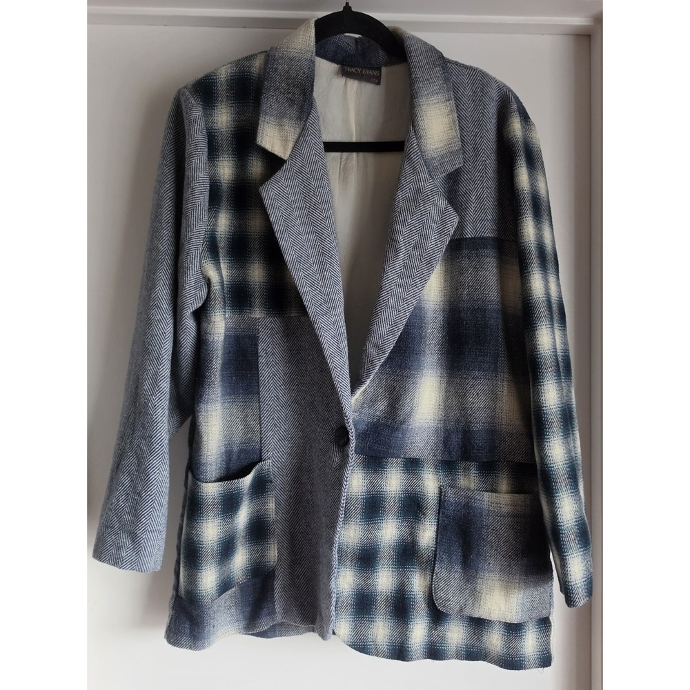 Tracy Evans Ltd Blazer Women Medium Blue White Plaid Herringbone Cotton Jacket